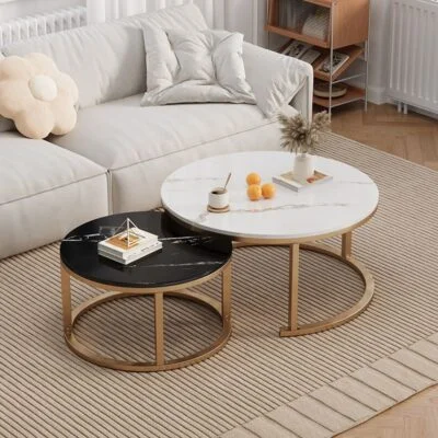 Modern Round Marble Coffee Table with elegant marble top and sleek metal base, perfect for contemporary living rooms and stylish spaces.