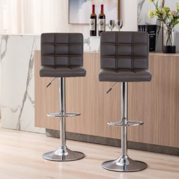Sleek modern leather swivel barstool with adjustable height and a chrome base, perfect for kitchens or home bars.